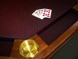 Locally Amish Custom Made Poker Table Close up of the Brass Cup Holders and Suited Fabric