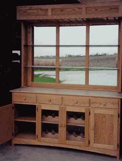 Amish Custom Made Oak Bar Hutch with Wine Glass Rack, Bottle Storage, and Mirrored Back