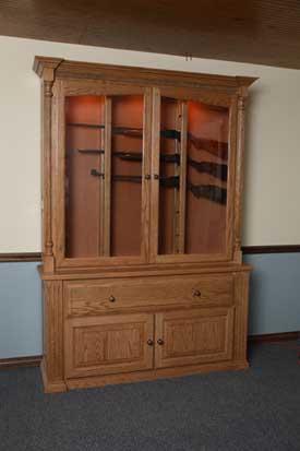 Locally Amish Custom Made Oak Gun Cabinet Safe with Horizontal Storage and Lights